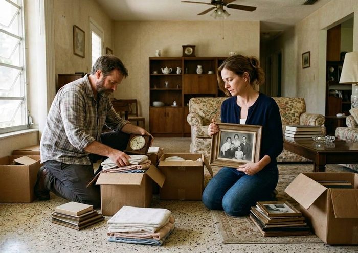 Brother and sister sorting a parent's belongings in an inherited Fort Lauderdale house