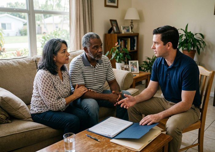 Couple talking with a local cash home buyer in their Fort Lauderdale living room